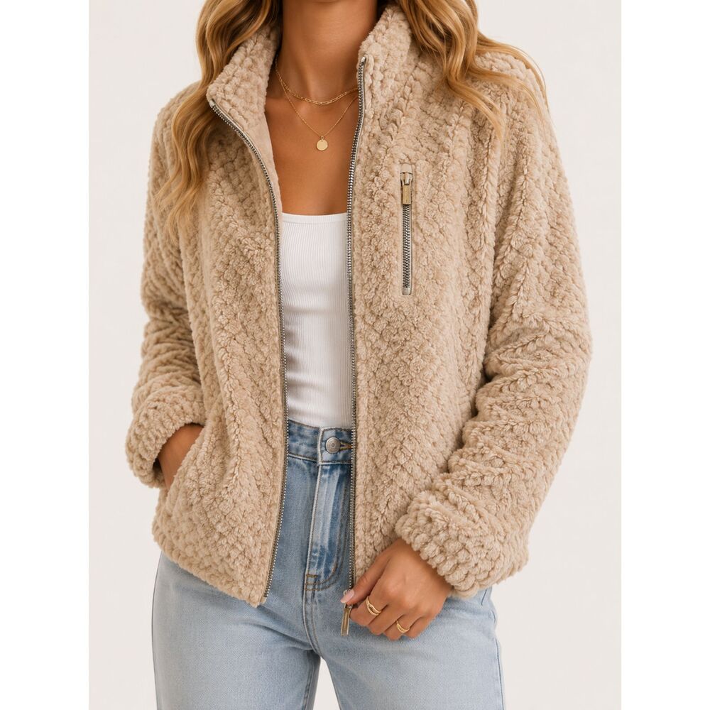 Calvin Klein Teddy Fleece Jacket Womens Large Beige Sherpa Zip Cozy Core